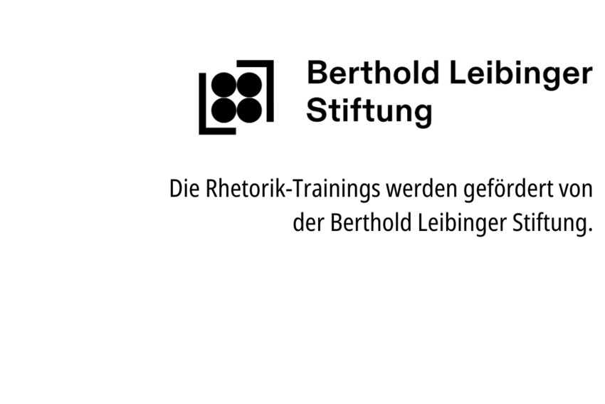 Logo der Berthold Leibinger Stiftung und Satz "Die Rhetorik-Trainings werden gefördert von der Berthold Leibinger Stiftung."