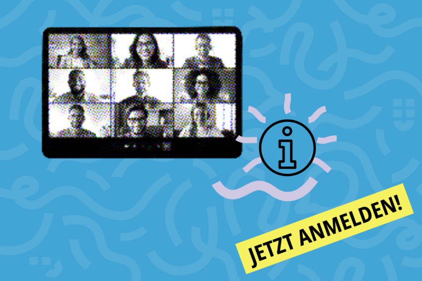 Symbolbild Online-Veranstaltung, Symbolbild Information und Schriftzug "Jetzt anmelden!" auf blauem Untergrund