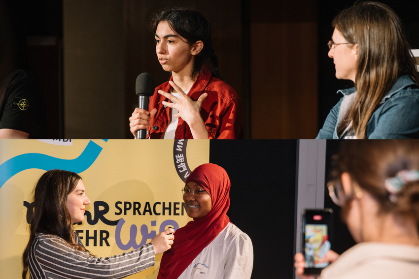 Zwei Teilnehmer:innen von Mehr Sprachen - mehr WIR sprechen in ein Mikrofon.