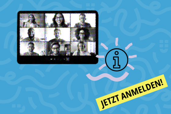 Symbolbild Online-Veranstaltung, Symbolbild Information und Schriftzug "Jetzt anmelden!" auf blauem Untergrund