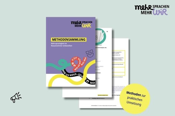 Ansicht von drei Beispielseiten aus der Methodensammlung. Störer mit der Inschrift: Methoden zur praktischen Umsetzung.